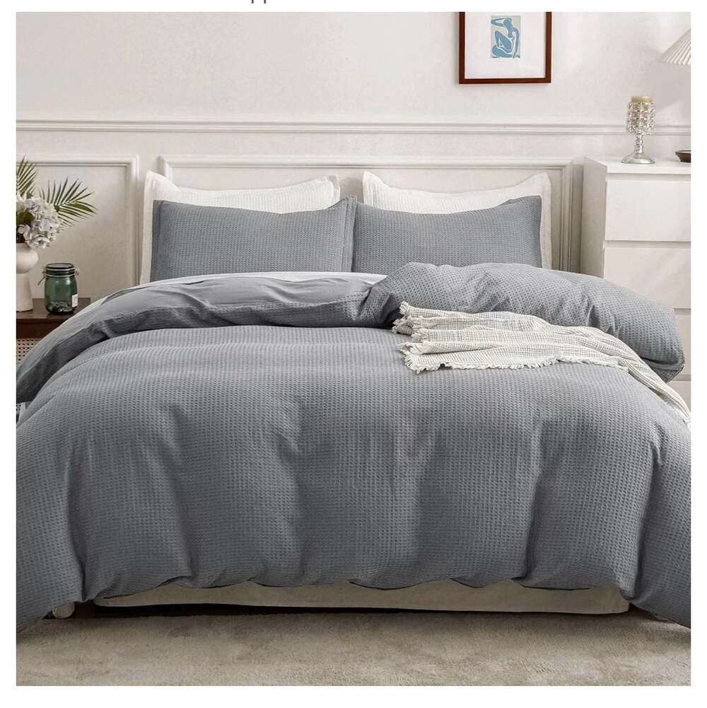 Waffle Weave Duvet Cover Set Queen Size in grey MADELUO NEW 3 pc